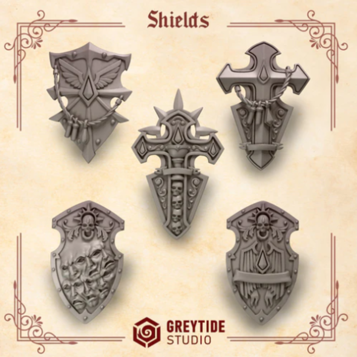 Boucliers gaucher Crimson Lords – Set de bitz personnalisés – Greytide Studio